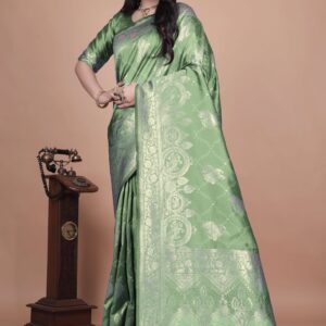 Mint Green Banarasi Silk Saree with Golden Zari | Floral & Ornate Pallu | Wedding, Festive & Traditional Wear