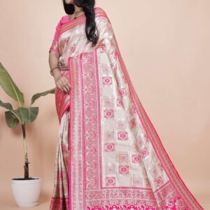 Cream & Pink Banarasi Silk Saree with Silver Zari | Wedding, Party & Traditional Wear | Elegant Banarasi Saree with Contrast Pallu