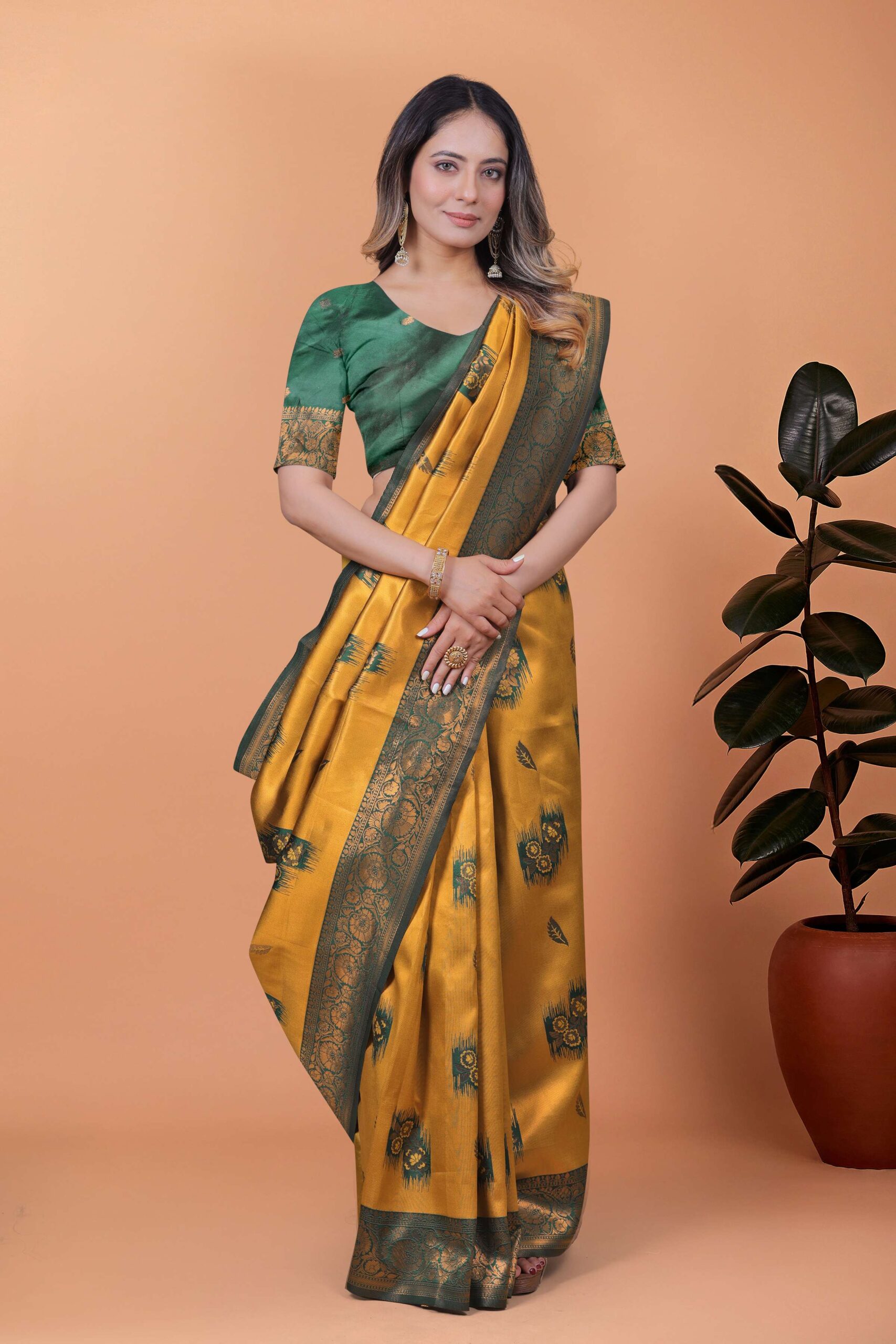 Mustard Yellow & Green Banarasi Silk Saree with Zari Weaving | Elegant Traditional Saree for Weddings, Festivals & Ethnic Occasions - Image 2